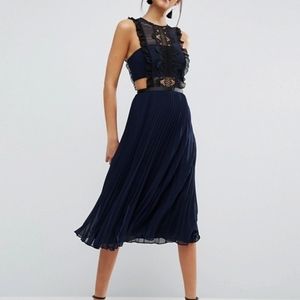 Lace Pinafore Pleated Midi Dress